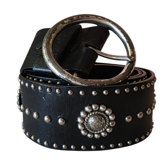 Vintage Accessories - Vintage Y2K Brighton Large Boho Studded Black Leather Belt Western Silver Studs